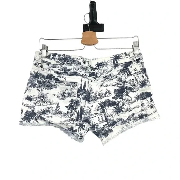 Tory Burch Frenesi Frayed Tropical Palm Tree Printed Denim Shorts Size 27‎